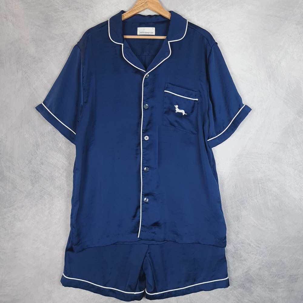 Peter Alexander Pajama Set Womens Large Blue Satin Dachshund Short Sleeve Shorts